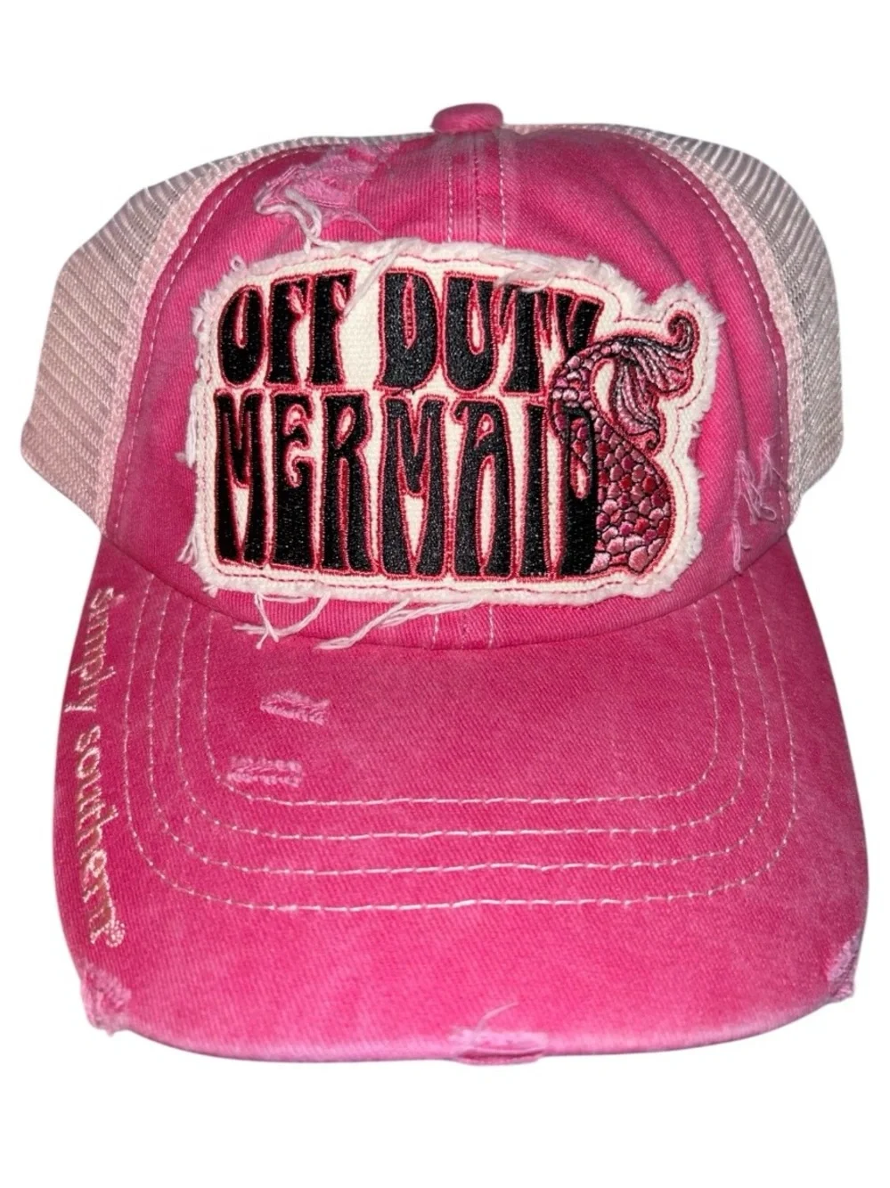 New Simply Southern Hot Pink 'Off Duty Mermaid' Distressed Trucker Hat
